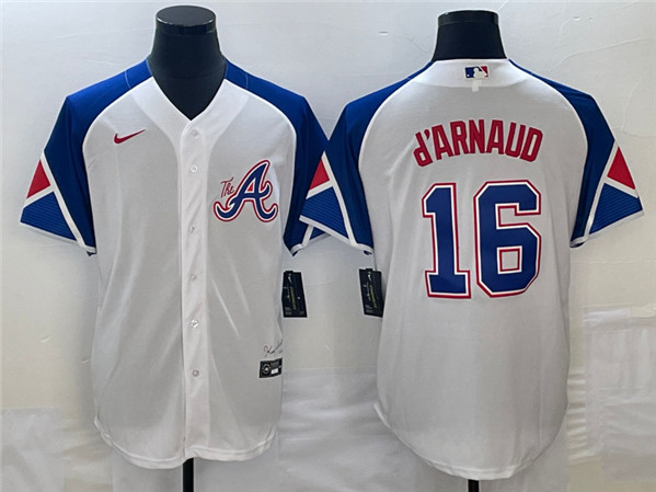 Men's Atlanta Braves #16 Travis d'Arnaud White 2023 City Connect Cool Base Stitched Baseball Jersey - Click Image to Close